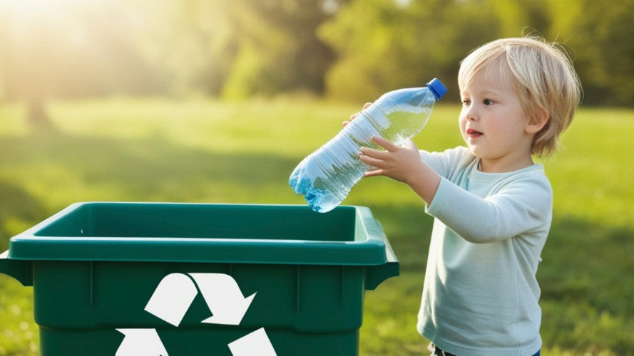 A small child places a plastic bottle into a large green recycling bin outdoors on a sunny day. [Image by Alemedia.id on Canva.]