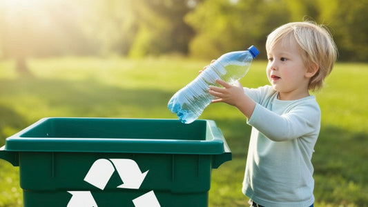 A small child places a plastic bottle into a large green recycling bin outdoors on a sunny day. [Image by Alemedia.id on Canva.]