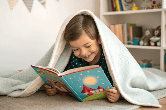 Smiling boy reading a colorful storybook under a blanket fort at home.
