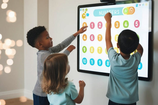 Three young children stand and point at an interactive digital screen displaying colorful numbers. [Photo by Sumali Ibnu Chamid from Canva]