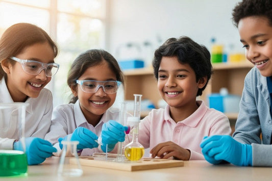 A group of children wearing safety goggles and gloves while working with beakers and liquids in a classroom science activity.