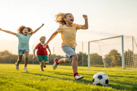 Group of kids running on a soccer field, with one child chasing the ball toward the goal. [Photo by Wahyutewe from Canva]