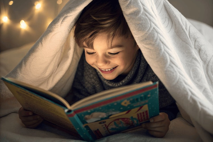 Smiling boy reading a picture book under a white blanket fort with fairy lights.