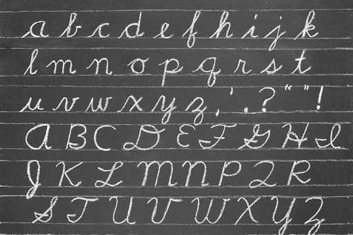 Cursive alphabet written on a chalkboard.