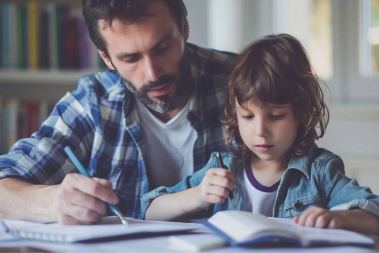 Father assisting young child with homework at a table, both focused on writing in notebooks. [Photo by Imagenes de Andres Diaz from Canva.]