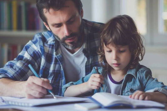 Father assisting young child with homework at a table, both focused on writing in notebooks. [Photo by Imagenes de Andres Diaz from Canva.]