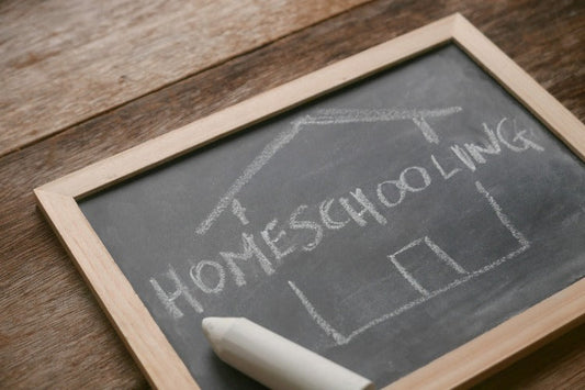 Small chalkboard with "HOMESCHOOLING" written inside a hand-drawn house outline. [Mohamad Faizal Bin Ramli from Canva.]