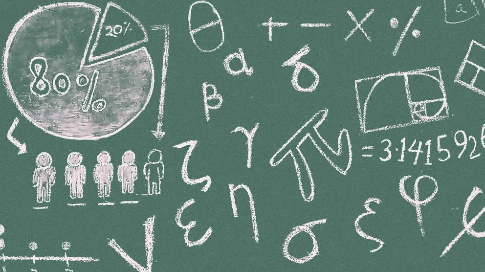 A green chalkboard covered in hand-drawn mathematical and statistical symbols including Greek letters, a pie chart showing 80% and 20%, the value of pi, geometric shapes, and arithmetic operators. [Photo by Pixapopz on Canva.]
