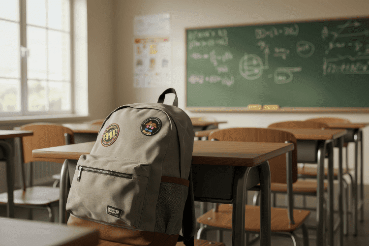 School classroom interior with backpack and chalkboard.