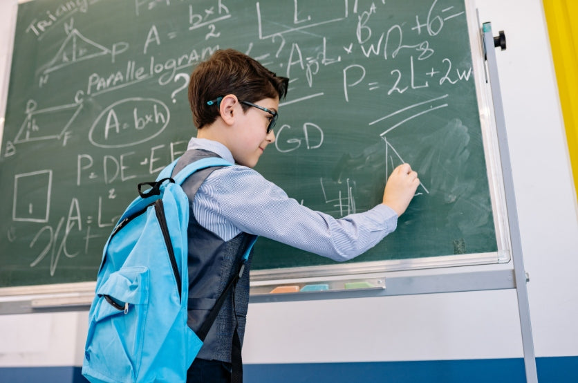[Photo by Yan Krukau on Canva.] A young boy wearing glasses and a blue backpack stands at a green chalkboard, writing geometry formulas including parallelogram and triangle area equations, with various maths diagrams visible on the board behind him.