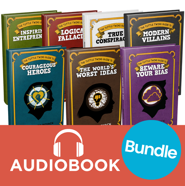 A collection of book covers for the Tuttle Twins Guidebook series, with titles including Logical Fallacies, True Conspiracies, Modern Villains, Courageous Heroes, and Beware Your Bias. Each book has a unique cover design and a 'BUNDLE' sticker is present in the image.