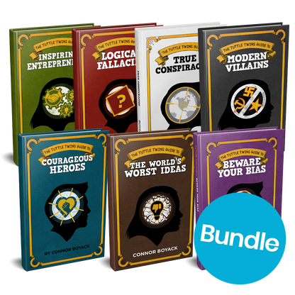 A collection of book covers for the Tuttle Twins Guidebook series, with titles including Logical Fallacies, True Conspiracies, Modern Villains, Courageous Heroes, and Beware Your Bias. Each book has a unique cover design and a 'BUNDLE' sticker is present in the image.