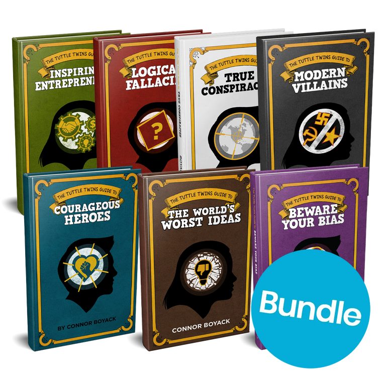 A collection of book covers for the Tuttle Twins Guidebook series, with titles including Logical Fallacies, True Conspiracies, Modern Villains, Courageous Heroes, and Beware Your Bias. Each book has a unique cover design and a 'BUNDLE' sticker is present in the image.