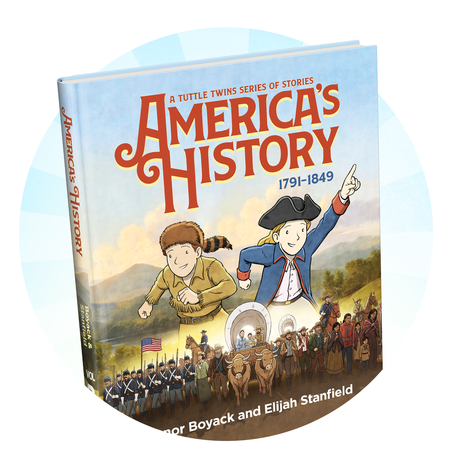 Book titled 'America's History 1791-1849' with illustrations of the Tuttle Twins on a white background
